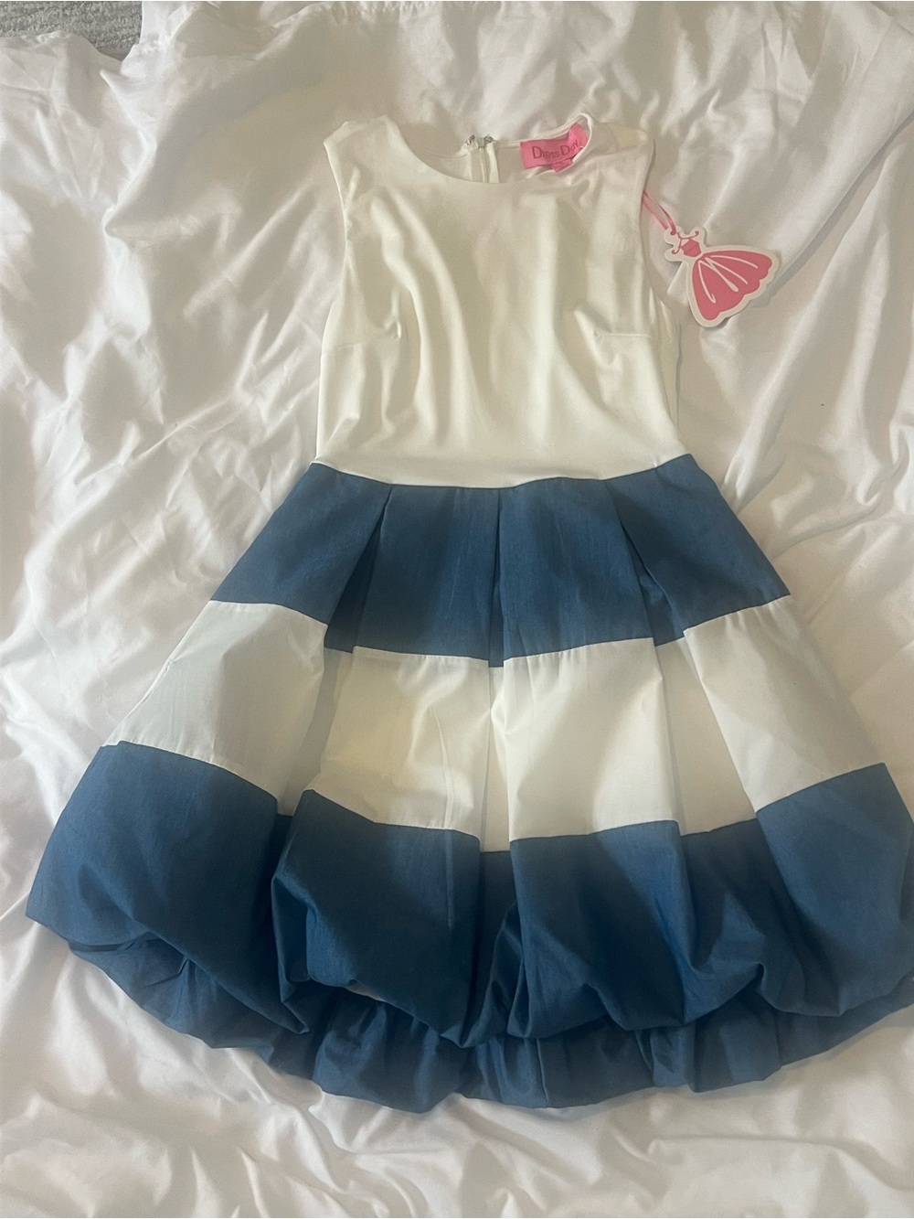 Dollie & Me White Bodice Navy and White Striped Bubble Skirt Dress